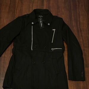 Black Double-Breasted Coat with Silver Zippers
